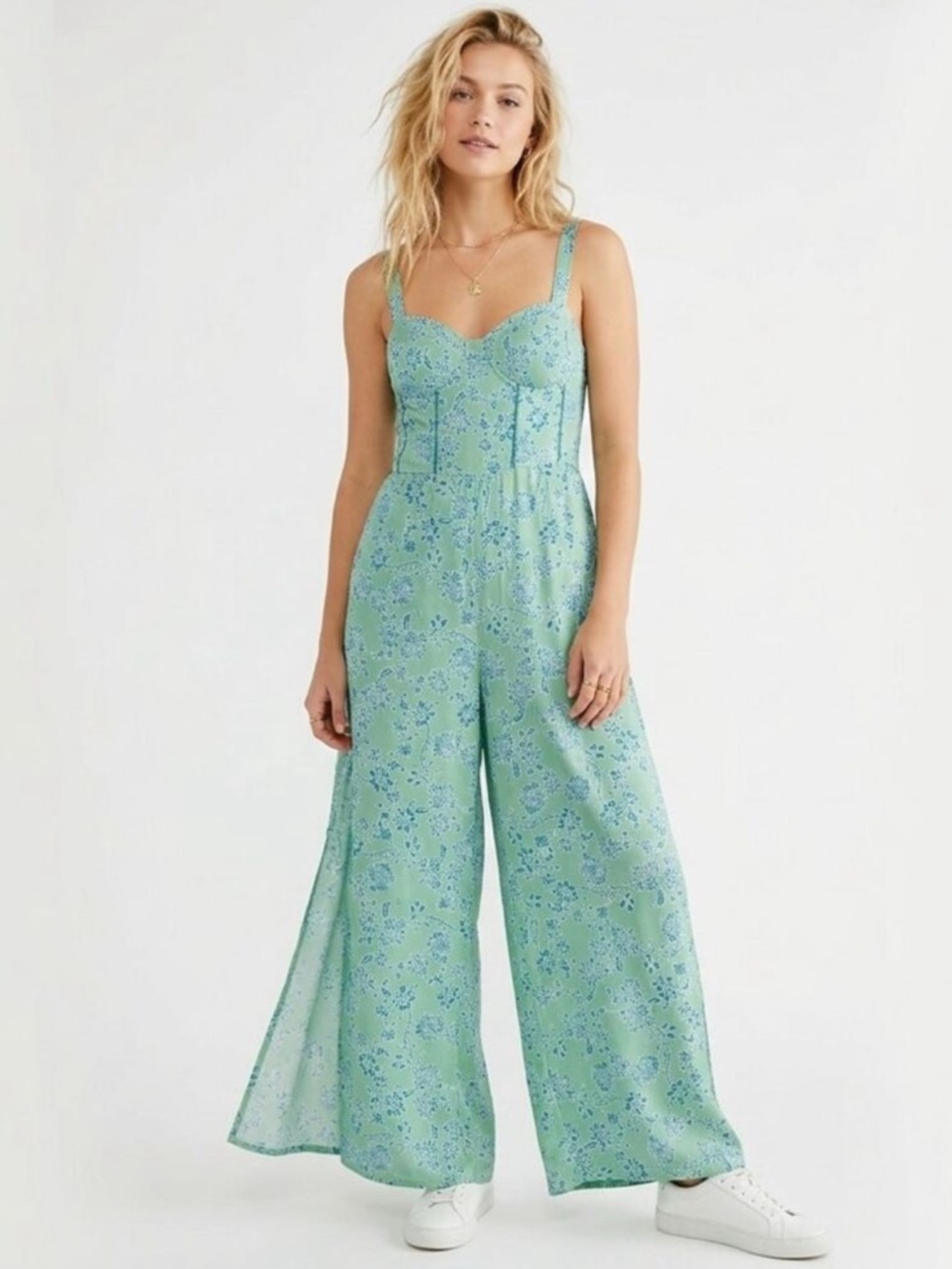 Free People / Band of the Free Blue & Mint Green Split Thigh Jumpsuit
